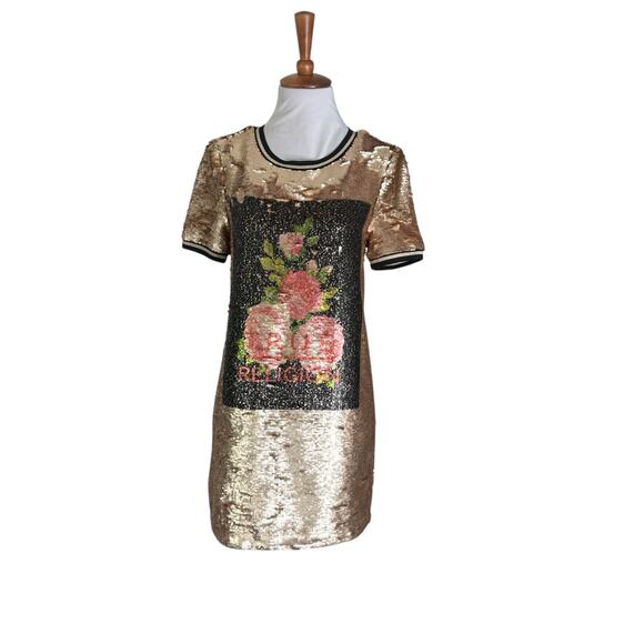 NWOT True Religion rOSE gOLD fLOWER Sequin Shift Dress XS - Picture 2 of 9